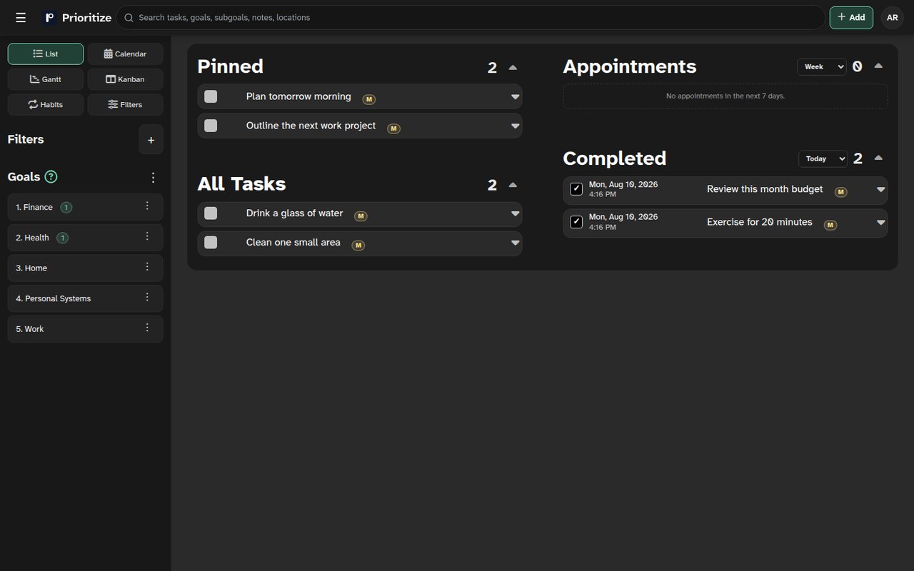 Prioritize web app on desktop showing today's tasks, goals, and pinned work
