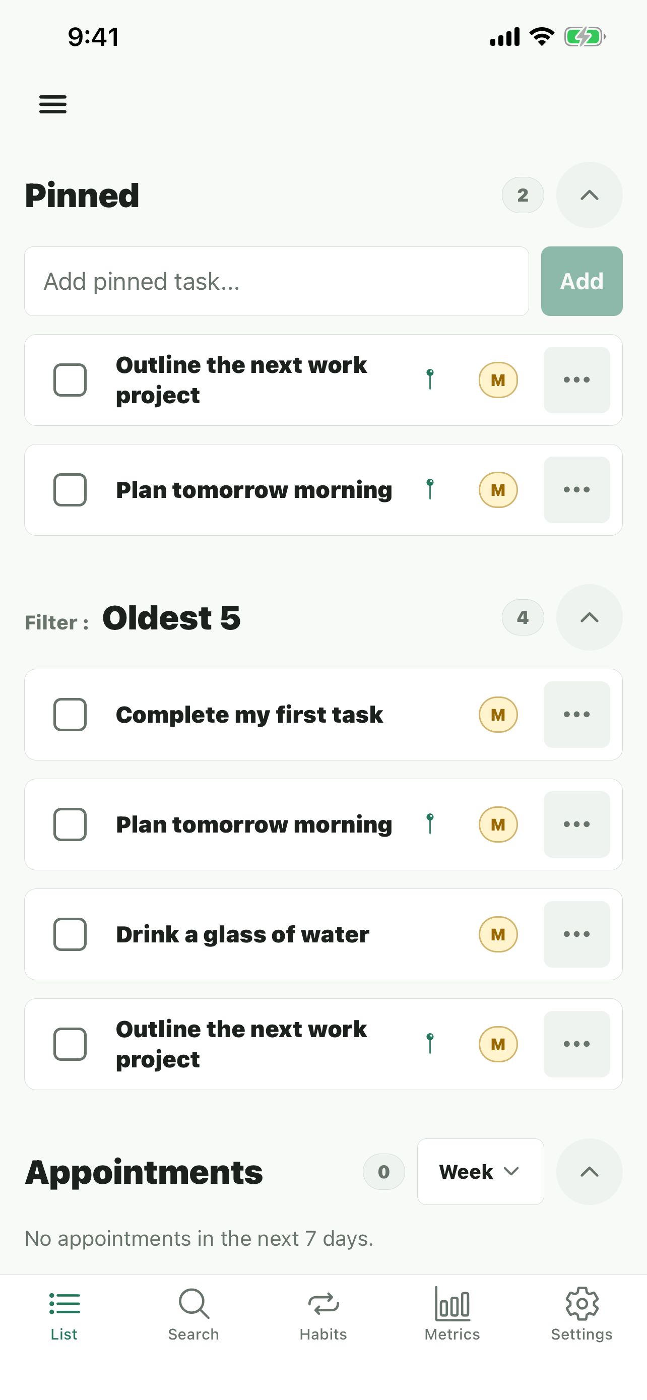 Prioritize iOS app showing pinned tasks, a filtered task list, and the List, Search, Habits, Metrics, and Settings tabs
